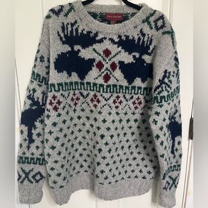 John Ashford Gray and Green Patterned, Wool, Crewneck Sweater
